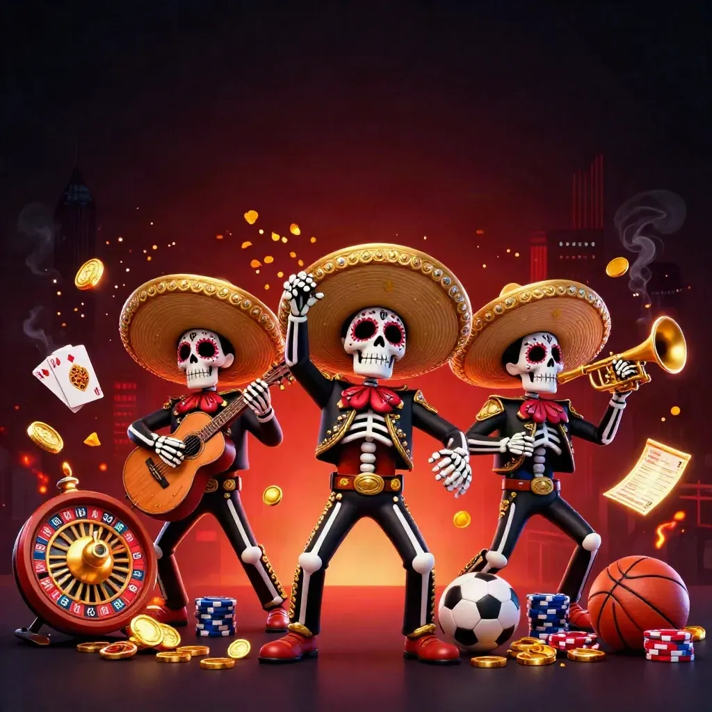 Skeleton mariachi trio with gold sombreros, flying coins, roulette wheel, chips, sports props, dark red glow