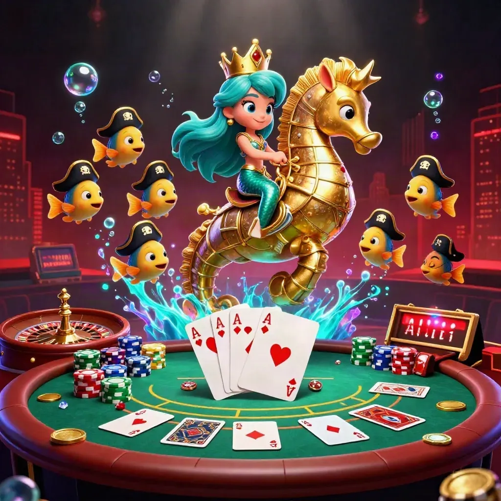 Mermaid princess rides golden seahorse amid casino cards, chips and neon underwater glow