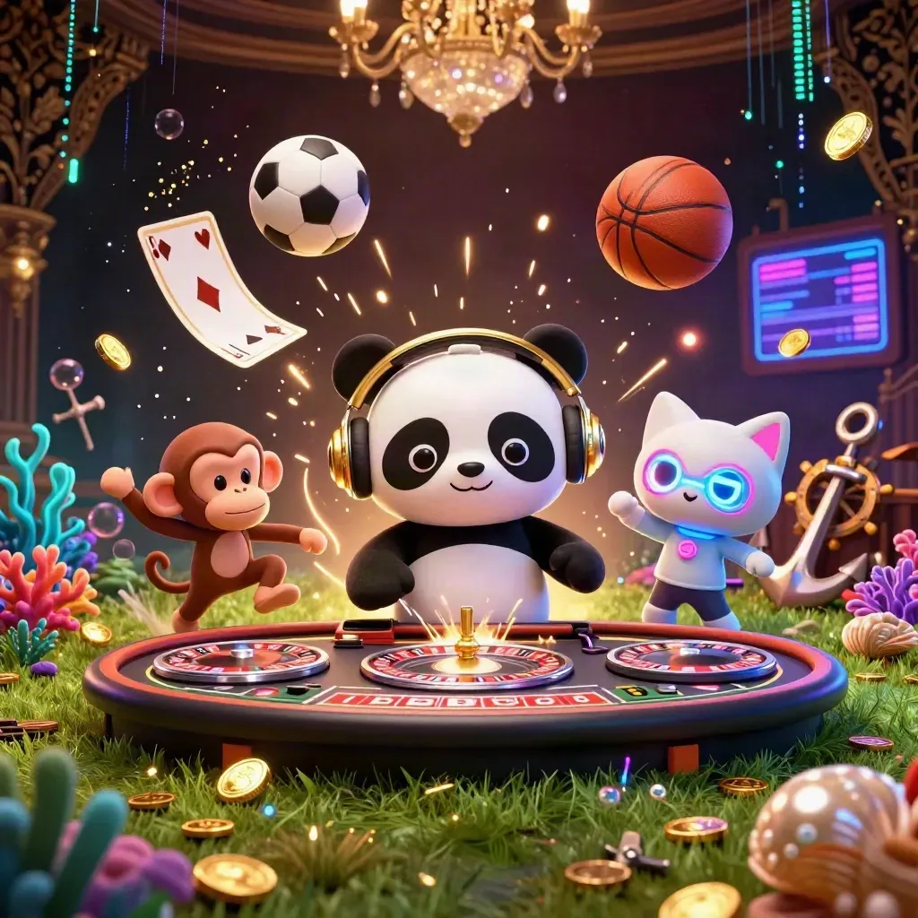 DJ panda, dancing monkey, and glow-stick kitten amid casino sports lights and treasure cove effects
