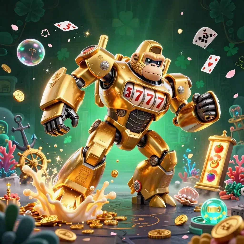 Golden gorilla mech and tiny monkey pilot bursting through underwater treasure, coins, coral, and runes.