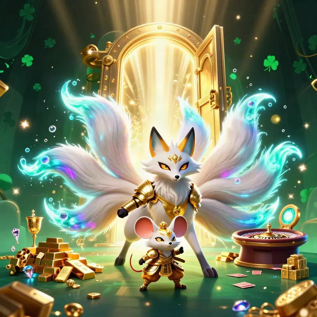 Nine-tailed fox spirit and armored mouse amid vault gold, jewels, and casino glow.