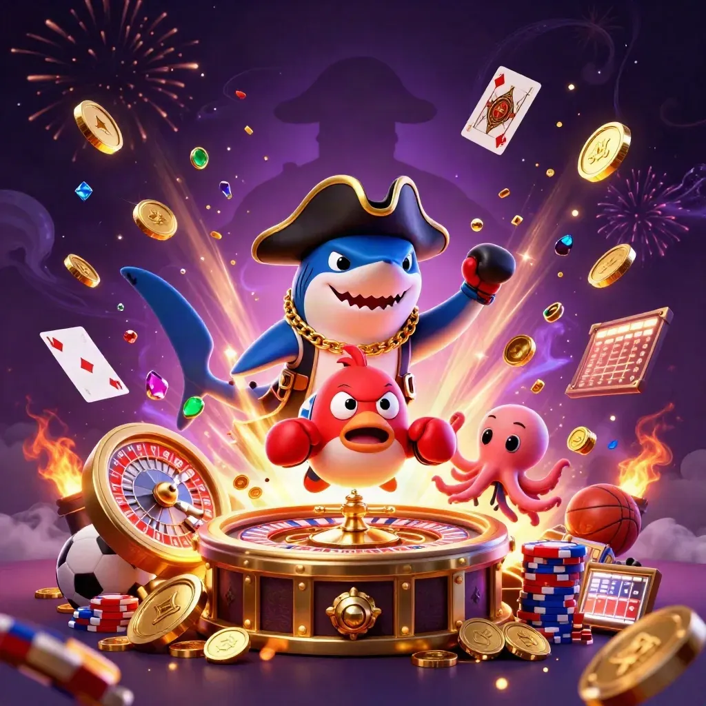 Pirate shark, boxing pufferfish, and juggling octopus amid coins, chips, cards, and casino lights.