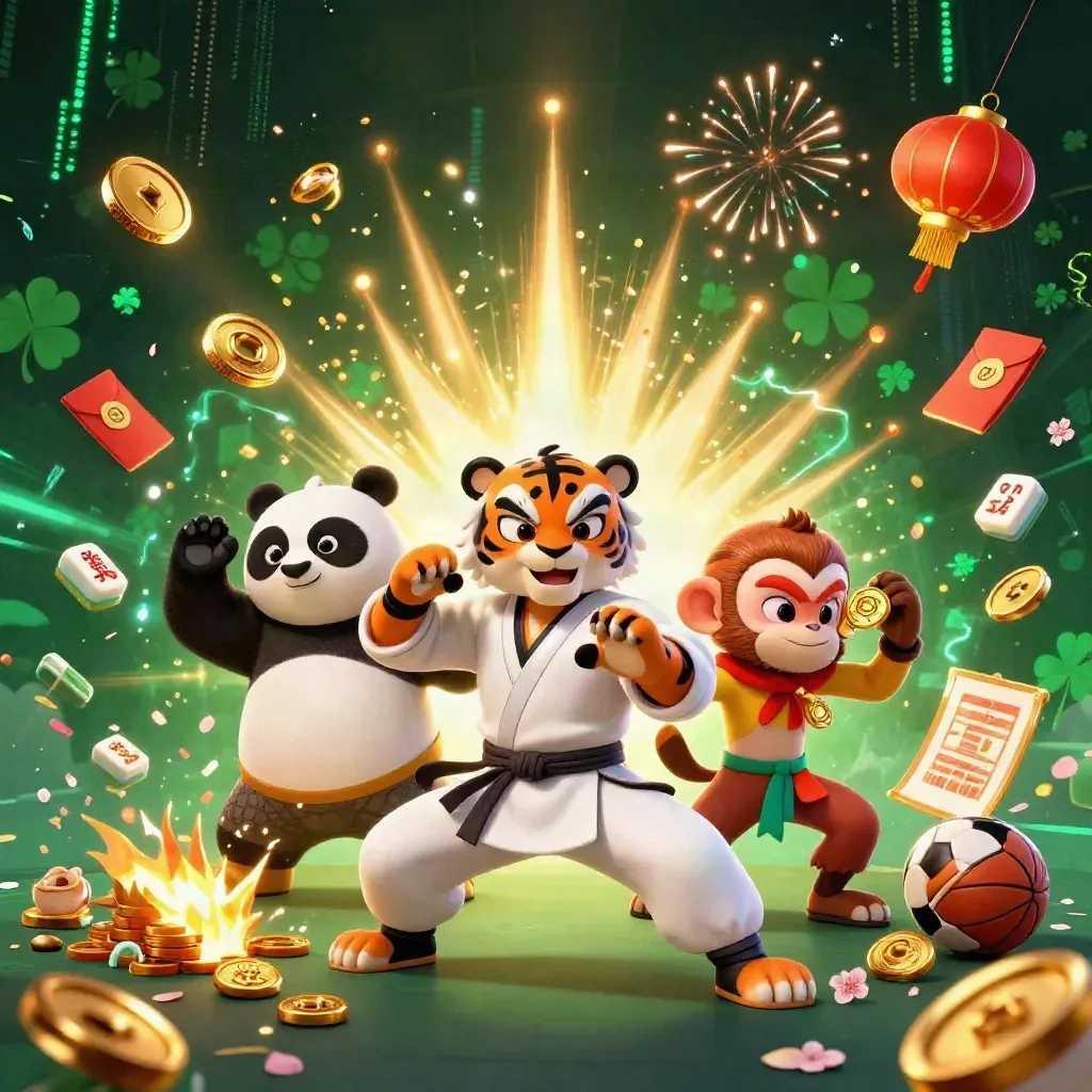 Tiger, panda, and monkey celebrate amid coins, lanterns, fireworks, and casino energy.