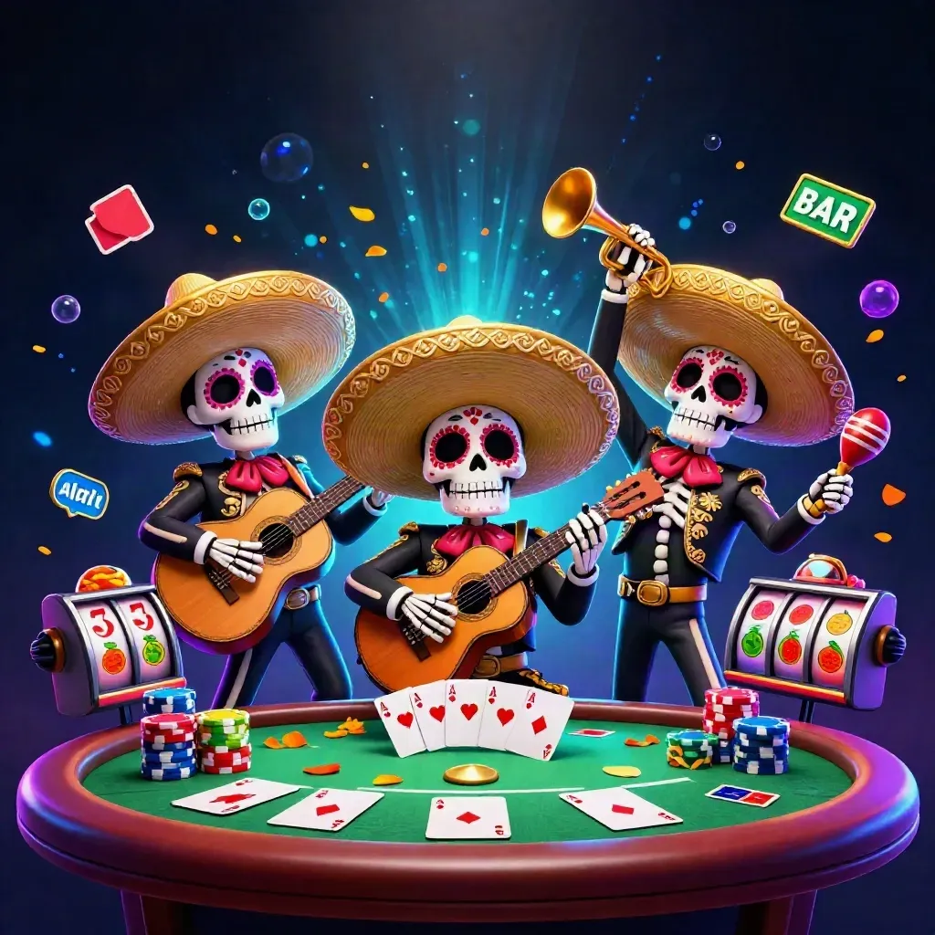 Day-of-the-Dead skeleton mariachi trio amid casino chips, cards, and neon slot symbols