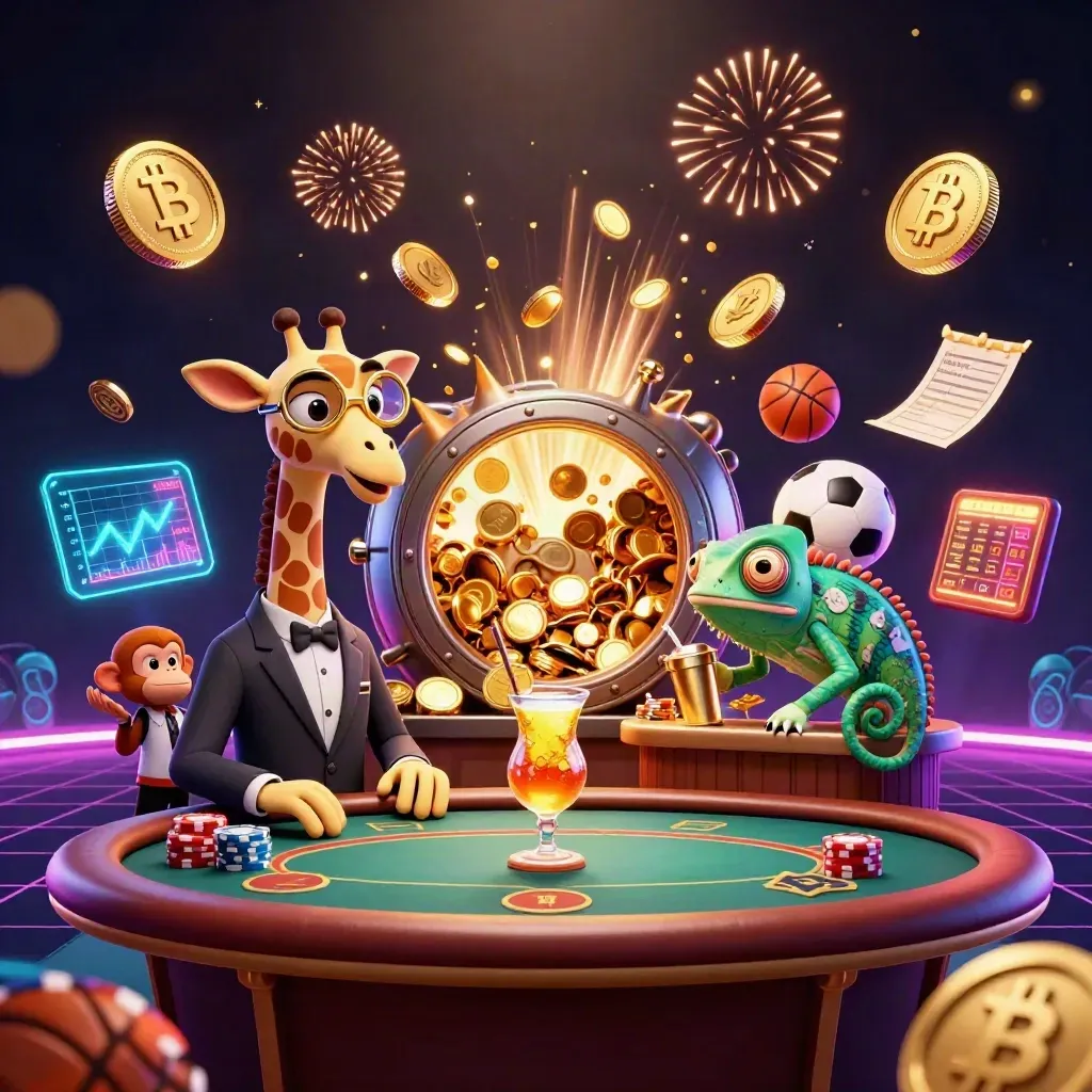 Giraffe, monkey, and chameleon at a neon casino table amid coins, lightning, and fireworks.