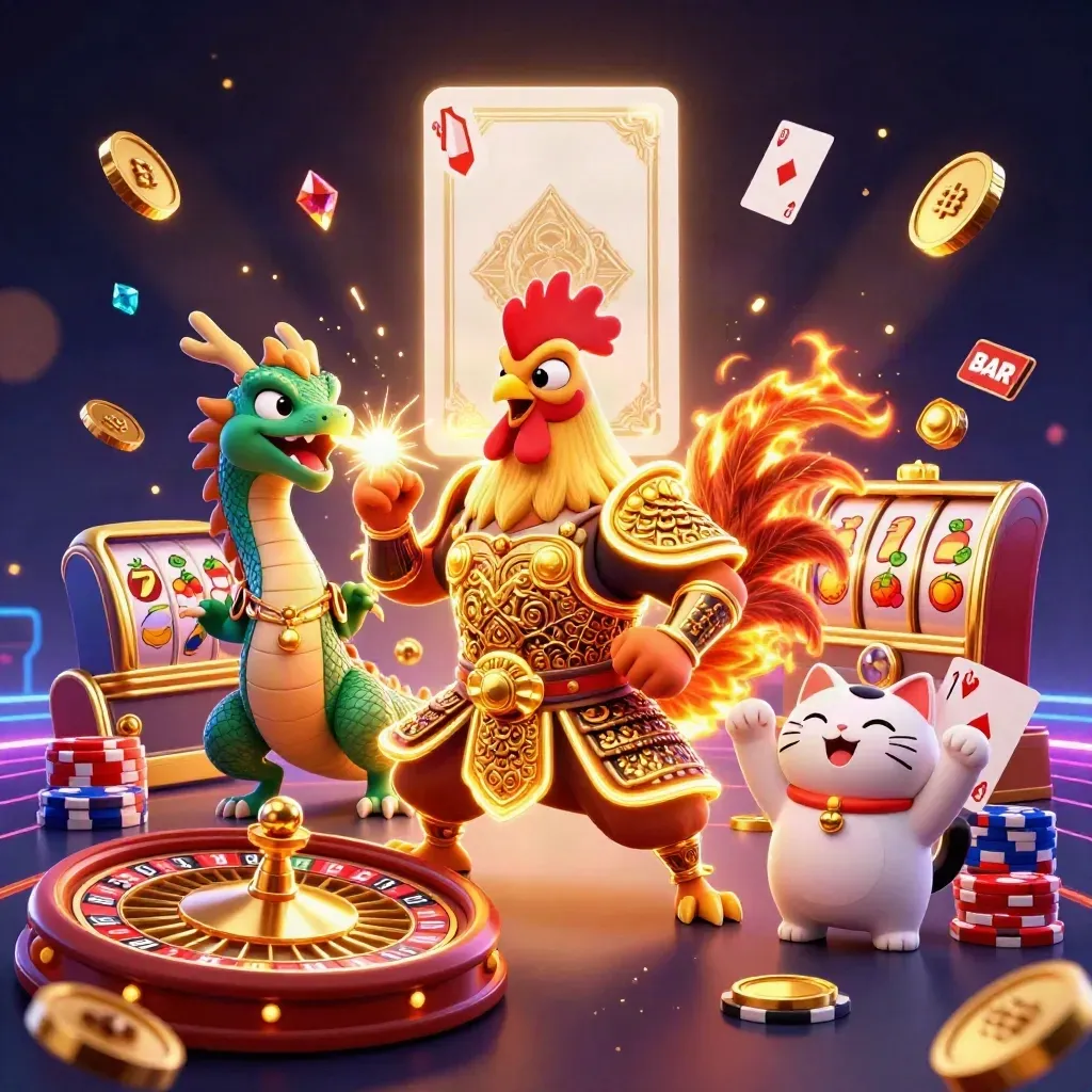 Rooster samurai, dragon hatchling, and fortune cat explode through casino effects in neon gold and navy.