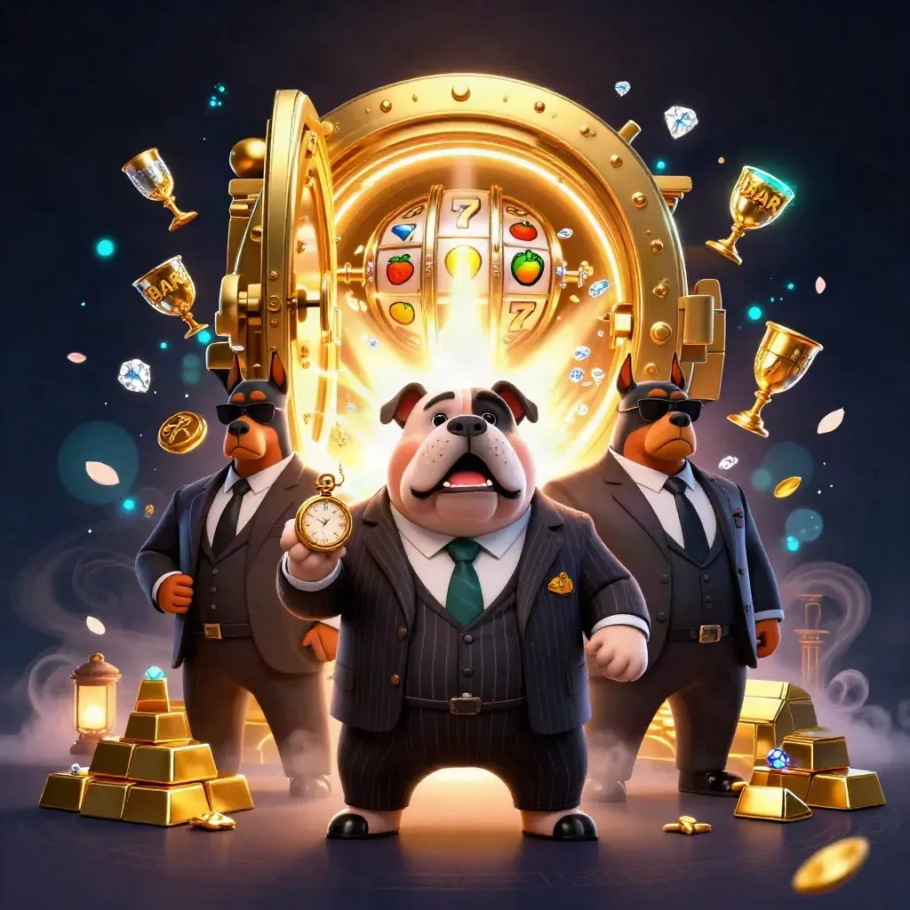 Mafia bulldog with two doberman guards amid gold, gems, reels, and neon casino glow