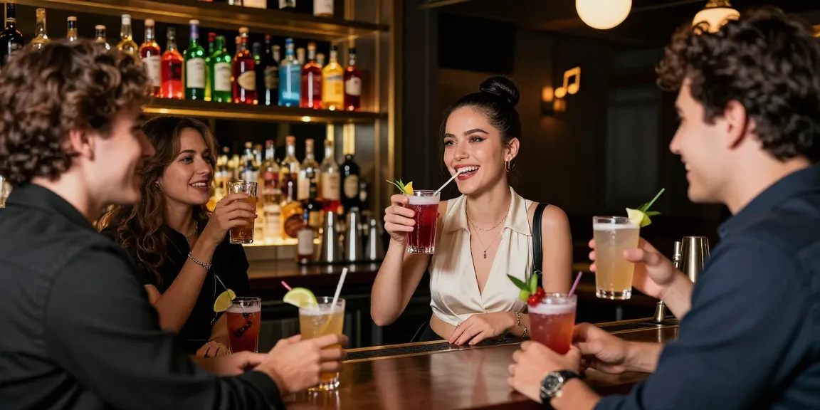 Gái gọi tận hưởng buổi tối sôi động tại quán bar sang trọng cùng bạn bè, không khí vui vẻ và ánh đèn ấm áp.